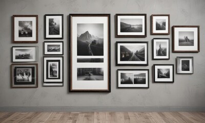 Fototapeta premium Modern gallery wall, diverse frame styles, customizable artwork mockups, picture frames, art, decor