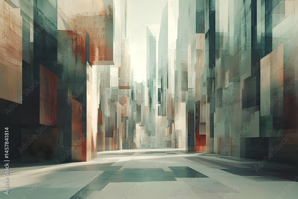 Poster abstract urban landscape perspective with blocky structures.