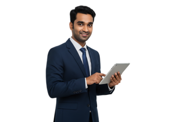 Confident Professional: Businessman in Suit Holding Tablet on Transparent Background