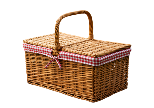 Charming Tradition: Woven Wicker Picnic Basket with Checkered Lid
