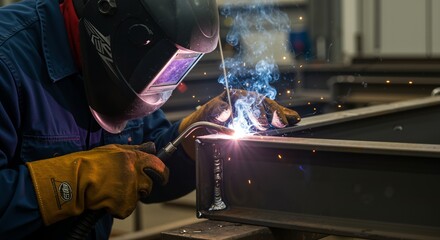 A skilled worker wearing protective gear uses a welding torch to join metal beams, creating bright sparks and smoke in an industrial workshop setting.