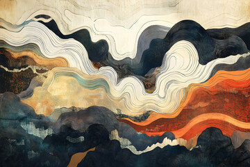 Abstract landscape painting with flowing lines and color.