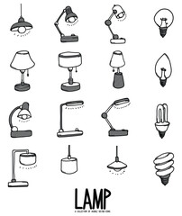 Lamp Related Doodle vector icon set. Drawing sketch illustration hand drawn line eps10