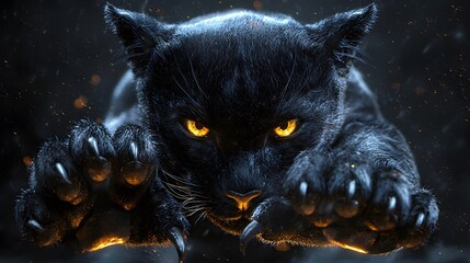 Intense black panther feline with piercing yellow eyes stalking forward through dark shadows with claws extended, fierce predator ready to strike in night scene