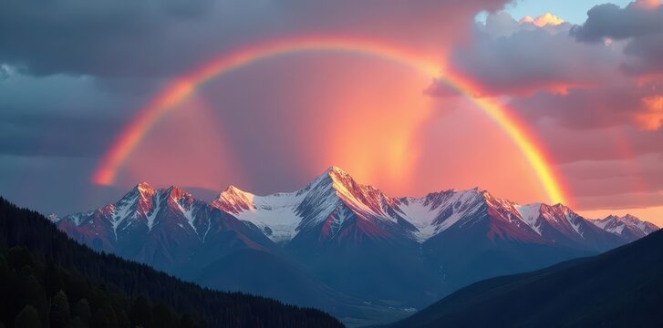 Triple rainbow over a mountain range at sunset, breathtaking spectrum, picturesque, wilderness, travel