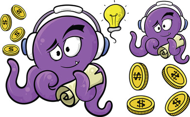 Illustration of a gold coin and a cartoon octopus carrying a map