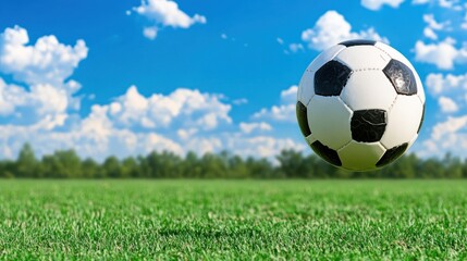 Fototapeta premium Soccer ball on green field under blue sky