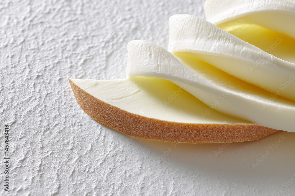 Poster thin layers of mozzarella cheese arranged on smooth white surface create a minimalist artistic displ