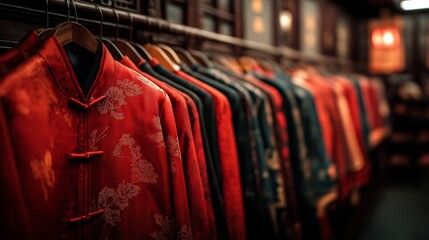 Vibrant Silk Attire: A row of richly colored silk jackets hangs, their intricate details and cultural heritage in a shop, showcasing the beauty and symbolism of traditional garment.