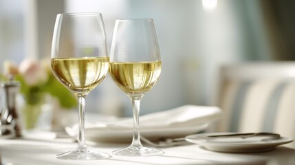 Two wine glasses with white wine on an elegant table; a moment of refined relaxation and simple luxury.
