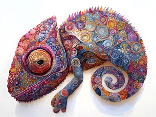 Fototapeta premium Colorful ornate chameleon sculpture featu detailed swirling patterns and vibrant hues creating a mesmerizing and artistic decorative piece.