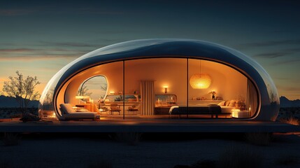 Obraz premium A unique modern habitat nestled peacefully among the dense lush forest foliage with warm lighting