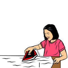woman ironing clothes with an electric iron vector illustration