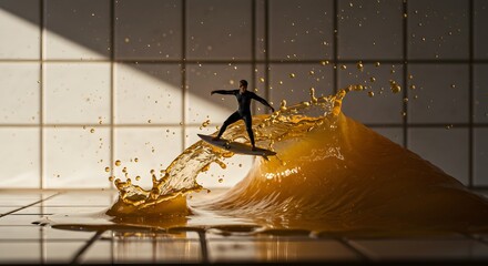 Miniature Surfer Riding a Golden Liquid Wave: A Creative Photography Masterpiece