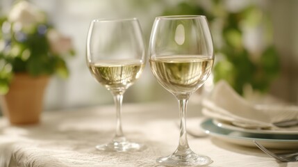 Two wine glasses with white wine on an elegant table; a moment of refined relaxation and simple luxury.
