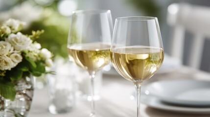 Two wine glasses with white wine on an elegant table; a moment of refined relaxation and simple luxury.

