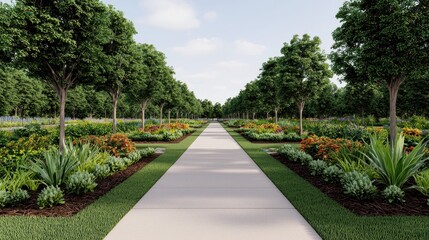 Obraz premium Lush Garden Pathway with Vibrant Flowers and Green Trees in Spring