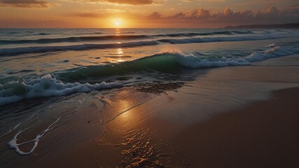 Golden sunset paints the beach and sea with orange hues as gentle waves kiss the shore