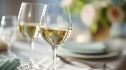 Two wine glasses with white wine on an elegant table; a moment of refined relaxation and simple luxury.
