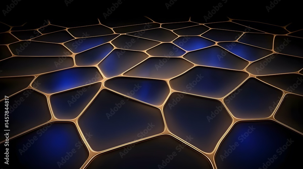 Poster an abstract image featuring a network of gold-colored lines forming irregular polygons on a dark blu