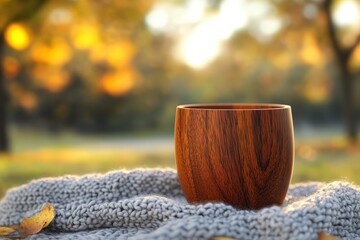 Wooden cup resting on knitted blanket in autumnal park.
