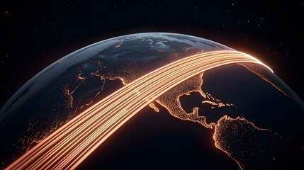The image shows a dark-blue Earth with glowing orange lines streaking across the Americas, suggesting global connectivity or data transfer.