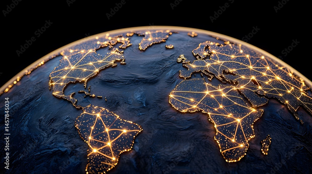 Poster a dark, stylized globe with continents outlined in glowing gold lines that connect to form a network