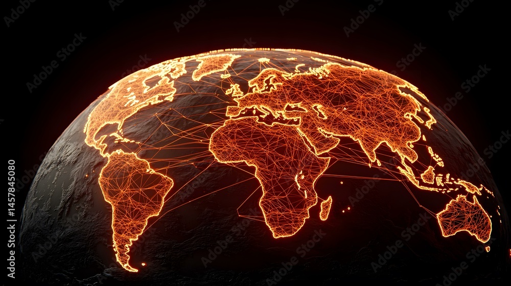 Aufkleber a dark globe with an orange glowing network of interconnected lines, outlining the world map's conti