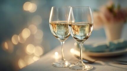 Two wine glasses with white wine on an elegant table; a moment of refined relaxation and simple luxury.
