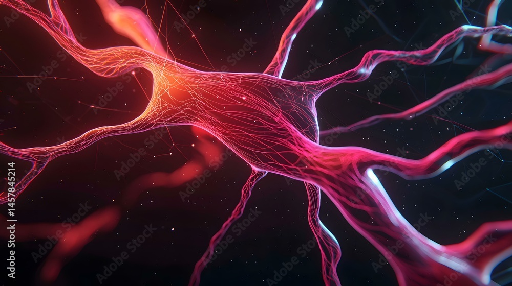 Poster the image shows a stylized depiction of a neuron, its dendrites and axons glowing with vibrant red a
