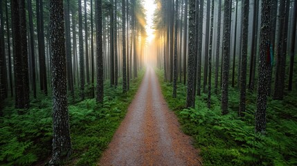 Obraz premium Serene Forest Pathway Emerging Through Mist and Sunlight Rays