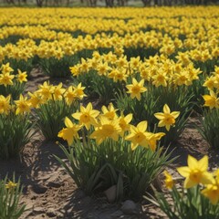 Obraz premium Sunlit field of vibrant yellow daffodils in full bloom , meadow, nature photography