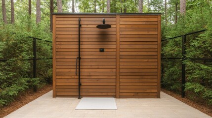 Outdoor Wooden Shower in Tranquil Forest Setting with Greenery