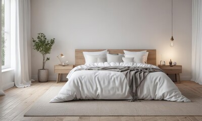 White linens on king bed, minimalist Scandinavian bedroom, scandi, interior, clean
