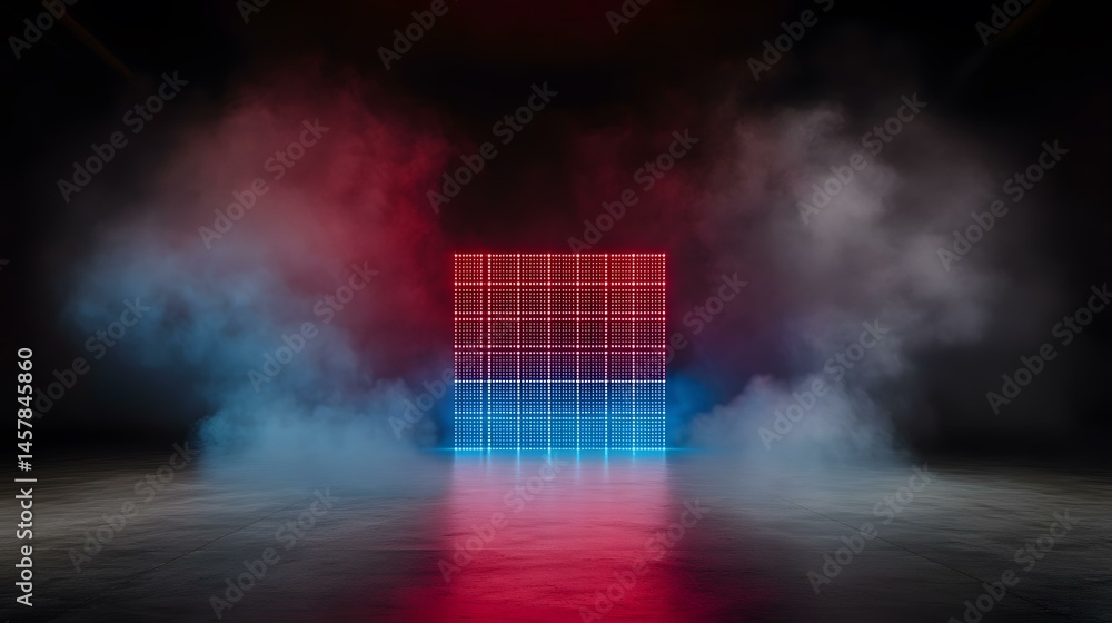 Poster a dark room with a large square led screen displaying a grid pattern in red and blue, surrounded by 