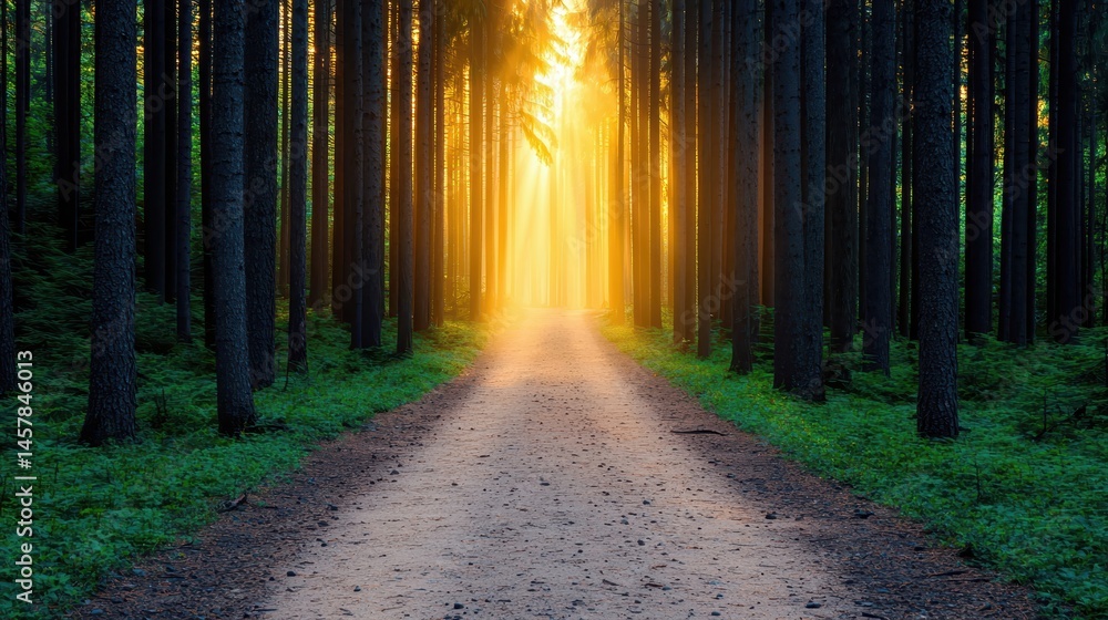 Poster tranquil forest pathway with sunlight beaming through trees