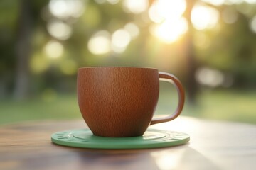 Obraz premium Rustic ceramic mug on a wooden table outdoors.