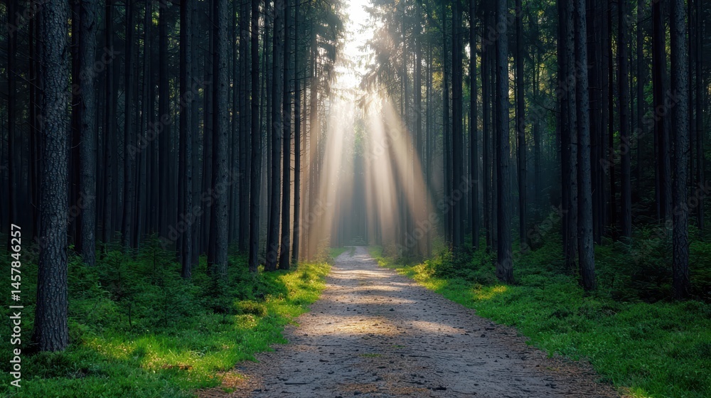 Poster serene forest path with sunlight streaming through tall trees