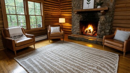 Fototapeta premium Cozy Cabin Living Room with Stone Fireplace and Natural Wood Accents