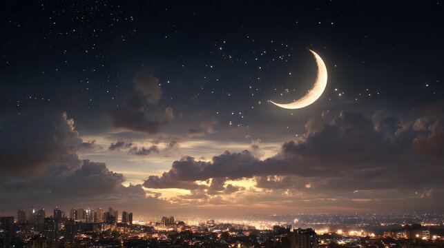 City skyline under a crescent moon and starry night sky - Powered by Adobe