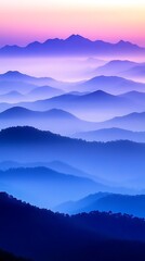 Obraz premium Serene Blue Mountains at Dawn A Stunning Landscape Panorama of Misty Peaks