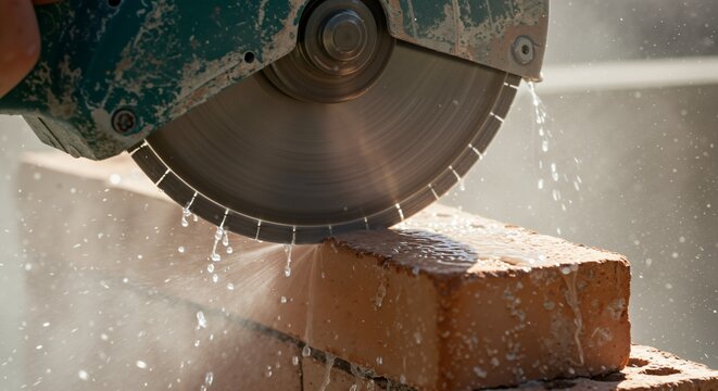Close-up view of a powerful circular saw blade cutting through a red brick, with a stream of water spraying onto the cutting surface to minimize dust and cool the blade during construction work.