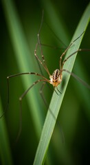 Closeup of a Harvestman Spider on a Green Leaf