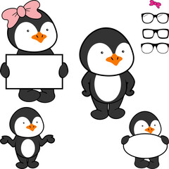 cute chibi penguin cartoon singboard pack collection  illustration in vector art