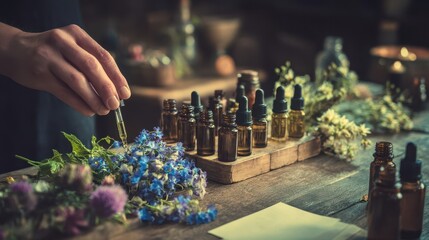 A person carefully extracts essence from colorful plants and flowers.
