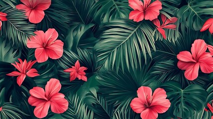 Tropical Hibiscus Flowers with Lush Leaves. (1)