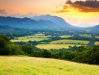 Fototapeta premium Serene Sunset Landscape Picturesque Valley View with Rolling Hills and Lush Green Fields