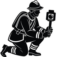 Firefighter vector Silhouette illustration Firefighter kneeling with thermal scanner