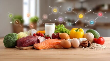 Colorful protein-rich foods with nutrient symbols, showcasing a balanced diet concept

