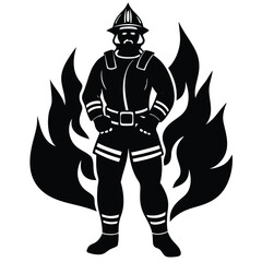 Firefighter vector Silhouette illustration Firefighter posing heroically beside flames